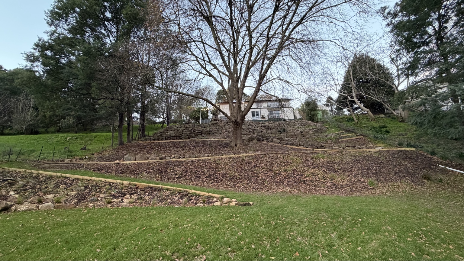 Pindari's terraced hillside garden viewed from the lower meadow